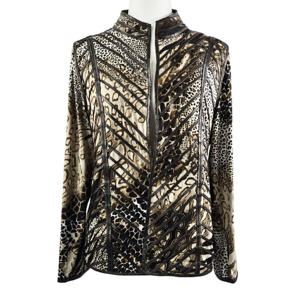 Vintage Chico's Mixed Animal Print Contrast Chevron Trim Topper Jacket Exotic